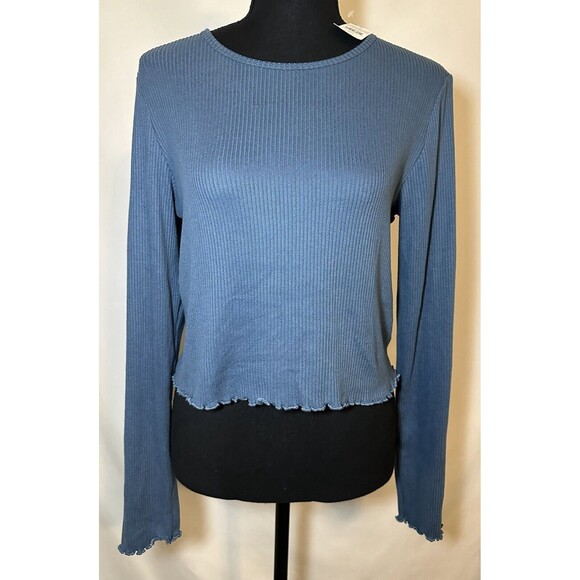 AMERICAN EAGLE Lettuce Cut Ribbed Crop Long Sleeve Blue Shirt Women's LARGE NWT - Picture 1 of 11